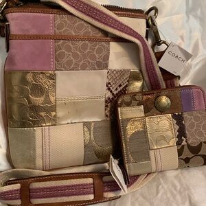 Coach crossbody bag with matching wallet.
